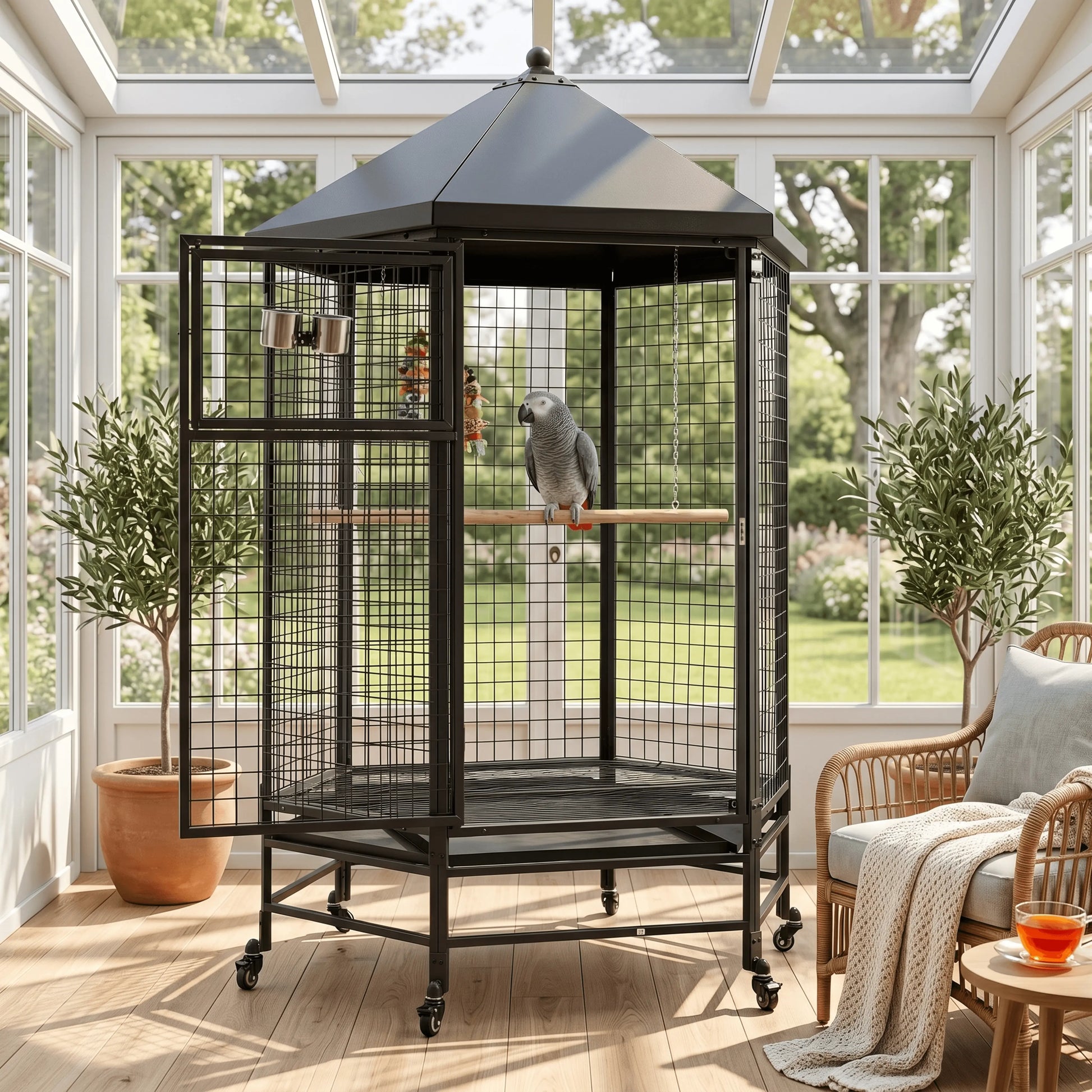 69" Extra Large Bird Cage for Parrots, Heavy Duty Metal Aviary on Wheels with Rolling Stand & Slide-Out Trays for African Greys, Cockatoos, Conures, Macaws, Indoor Outdoor