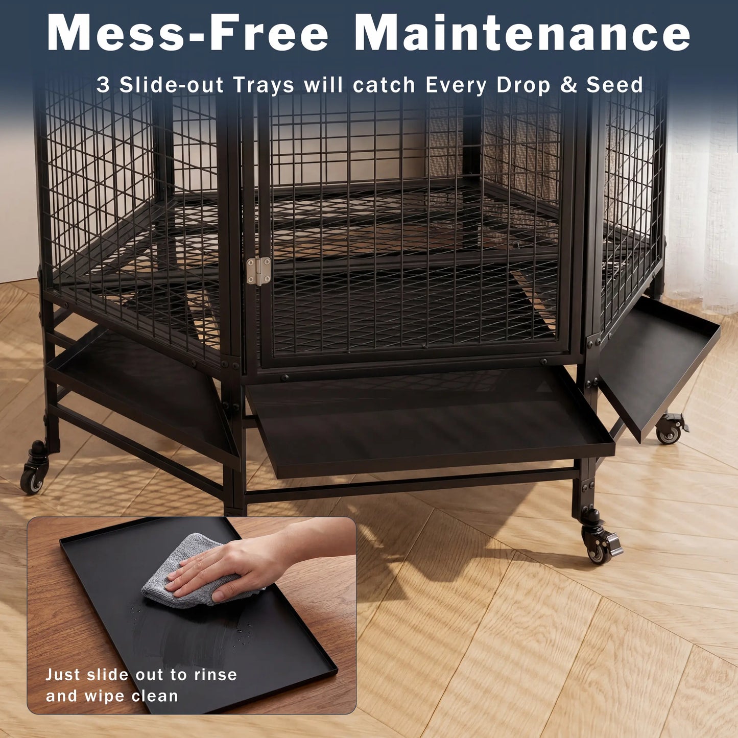 69" Extra Large Bird Cage for Parrots, Heavy Duty Metal Aviary on Wheels with Rolling Stand & Slide-Out Trays for African Greys, Cockatoos, Conures, Macaws, Indoor Outdoor