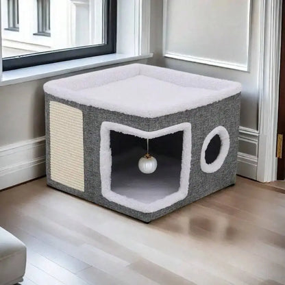 Indoor Cat Bed with Spacious Entry, Plush Hanging Toys, Round Windows, Foldable Design, Supports Up to 30 Pounds, Double-Sided Cushions, All-Season Comfort