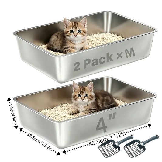 Petwhole 2-Pack Stainless Steel Litter Box, High-Sided Non-Stick Metal Litter Pan, 17.5X13.5X4Inch Cat Toilet Tray Stainless Steel Litter Box Litter Box for Cats