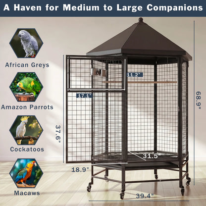 69" Extra Large Bird Cage for Parrots, Heavy Duty Metal Aviary on Wheels with Rolling Stand & Slide-Out Trays for African Greys, Cockatoos, Conures, Macaws, Indoor Outdoor