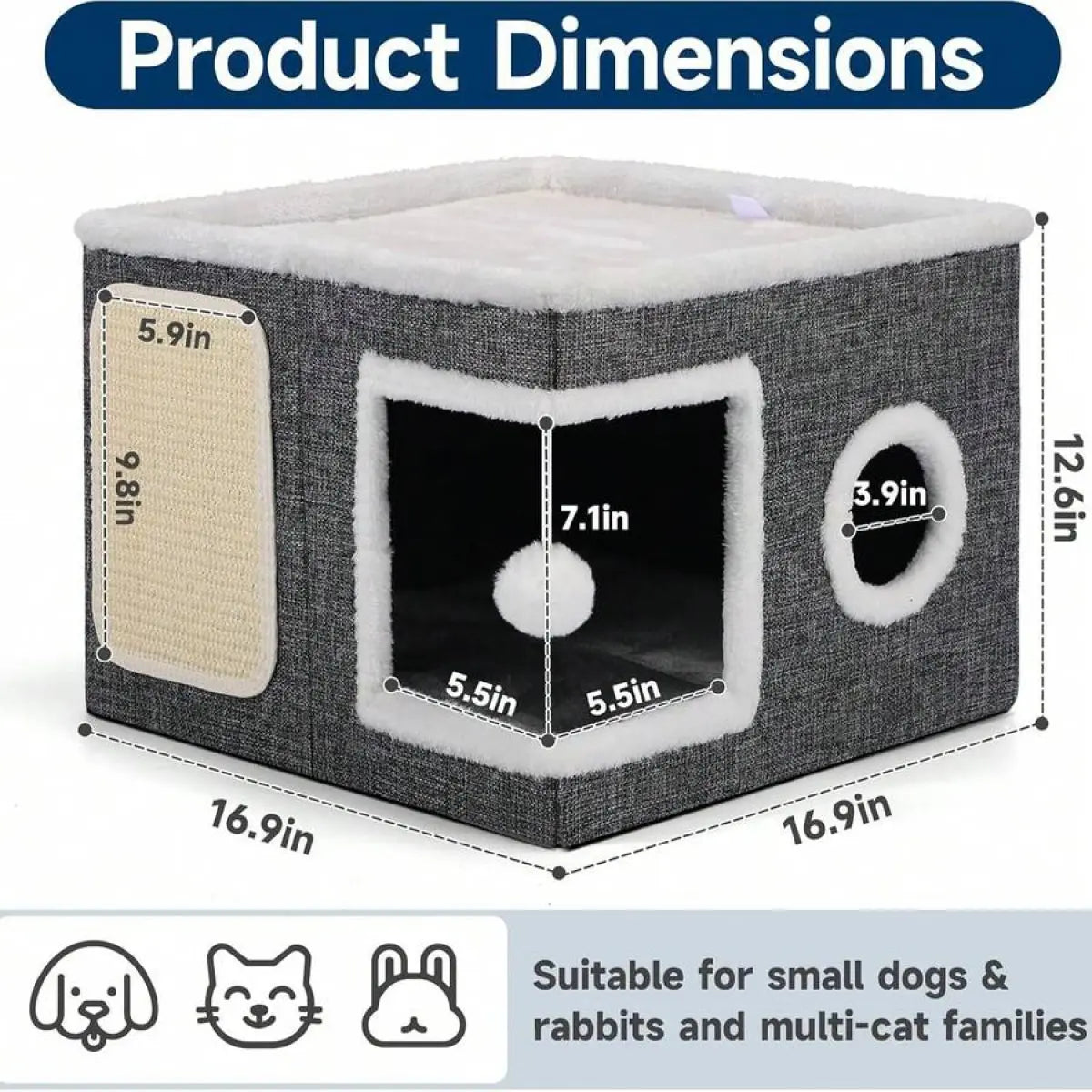 Indoor Cat Bed with Spacious Entry, Plush Hanging Toys, Round Windows, Foldable Design, Supports Up to 30 Pounds, Double-Sided Cushions, All-Season Comfort