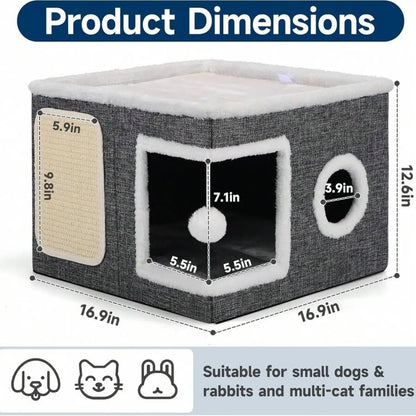 Indoor Cat Bed with Spacious Entry, Plush Hanging Toys, Round Windows, Foldable Design, Supports Up to 30 Pounds, Double-Sided Cushions, All-Season Comfort