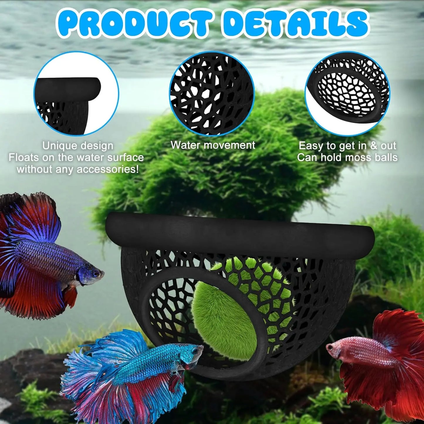 Floating Betta Habitat and Shrimp Cave – 3D Printed Aquarium Decor, Multi-Functional Hammock, Feeding Ring, and Secure Resting Area for Betta Fish, Shrimp, and Small Fish (Eco-Safe PETG Material)