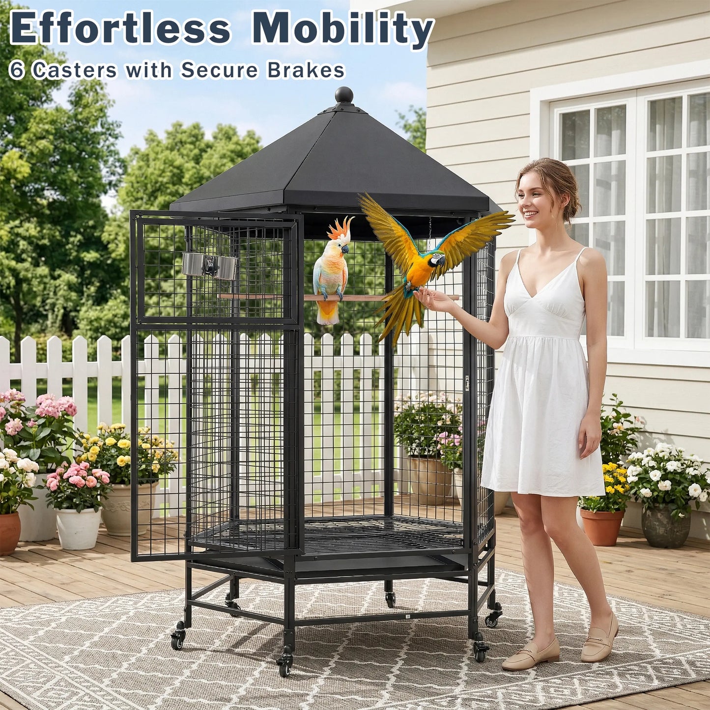 69" Extra Large Bird Cage for Parrots, Heavy Duty Metal Aviary on Wheels with Rolling Stand & Slide-Out Trays for African Greys, Cockatoos, Conures, Macaws, Indoor Outdoor
