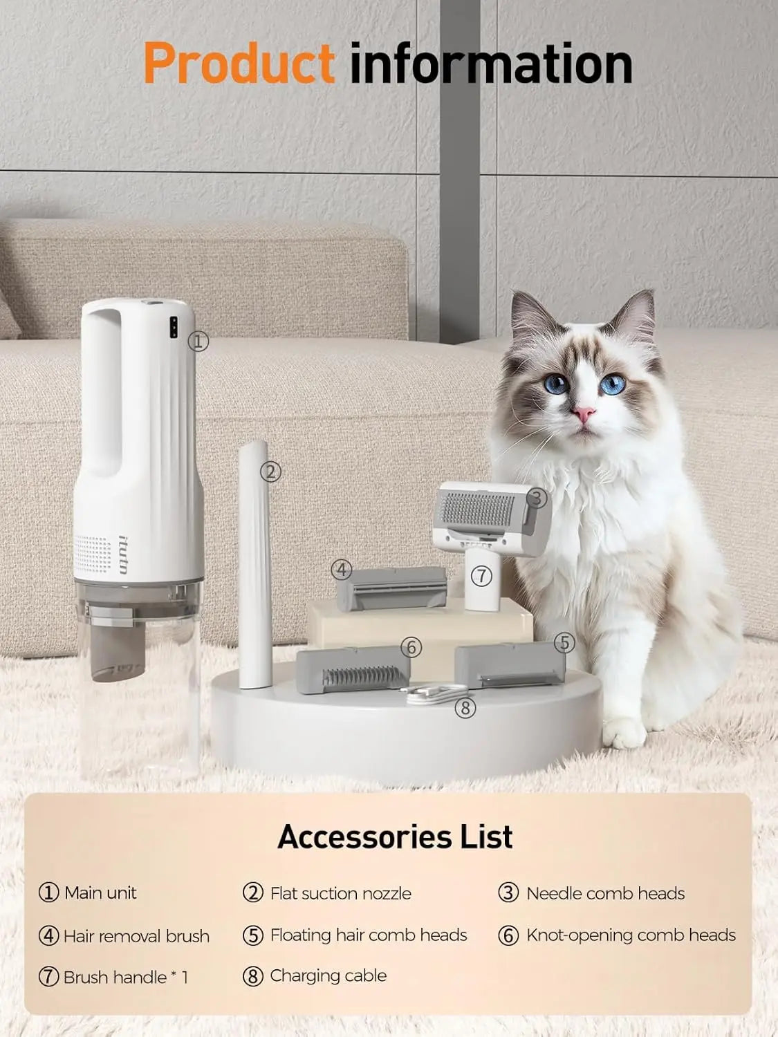 Cordless Pet Grooming Vacuum Set, 60Db Quiet Hair Removal,With 5 Pet Grooming and Cleaning Tools One-Touch Pet Hairremoval Vacuum Brush, Zero Airborne Hair Technology, Verysuitable for Anxious and Sensitive Pets.