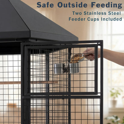 69" Extra Large Bird Cage for Parrots, Heavy Duty Metal Aviary on Wheels with Rolling Stand & Slide-Out Trays for African Greys, Cockatoos, Conures, Macaws, Indoor Outdoor