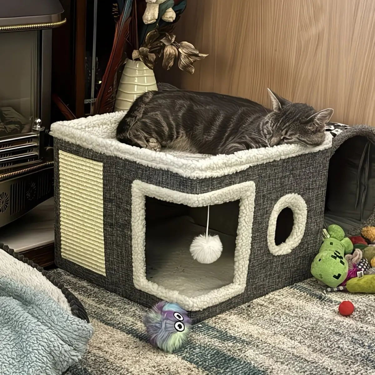 Indoor Cat Bed with Spacious Entry, Plush Hanging Toys, Round Windows, Foldable Design, Supports Up to 30 Pounds, Double-Sided Cushions, All-Season Comfort