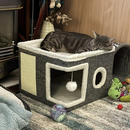 Indoor Cat Bed with Spacious Entry, Plush Hanging Toys, Round Windows, Foldable Design, Supports Up to 30 Pounds, Double-Sided Cushions, All-Season Comfort