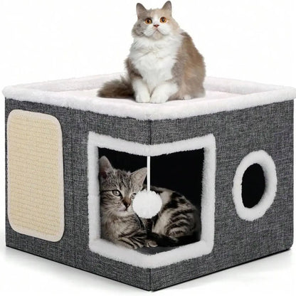 Indoor Cat Bed with Spacious Entry, Plush Hanging Toys, Round Windows, Foldable Design, Supports Up to 30 Pounds, Double-Sided Cushions, All-Season Comfort