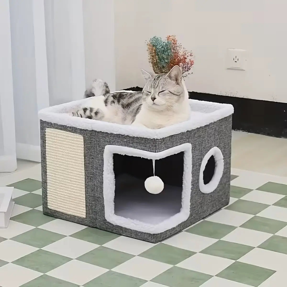 Indoor Cat Bed with Spacious Entry, Plush Hanging Toys, Round Windows, Foldable Design, Supports Up to 30 Pounds, Double-Sided Cushions, All-Season Comfort