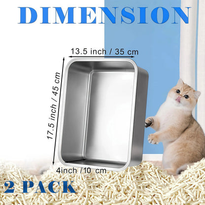 Petwhole 2-Pack Stainless Steel Litter Box, High-Sided Non-Stick Metal Litter Pan, 17.5X13.5X4Inch Cat Toilet Tray Stainless Steel Litter Box Litter Box for Cats