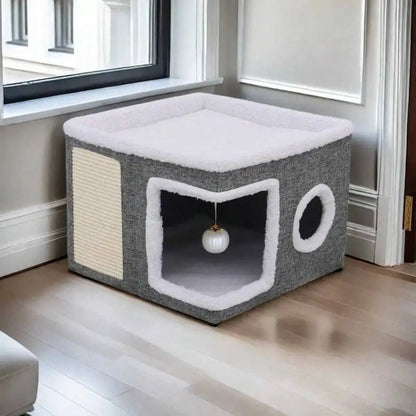 Indoor Cat Bed with Spacious Entry, Plush Hanging Toys, Round Windows, Foldable Design, Supports Up to 30 Pounds, Double-Sided Cushions, All-Season Comfort