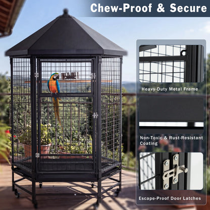 69" Extra Large Bird Cage for Parrots, Heavy Duty Metal Aviary on Wheels with Rolling Stand & Slide-Out Trays for African Greys, Cockatoos, Conures, Macaws, Indoor Outdoor