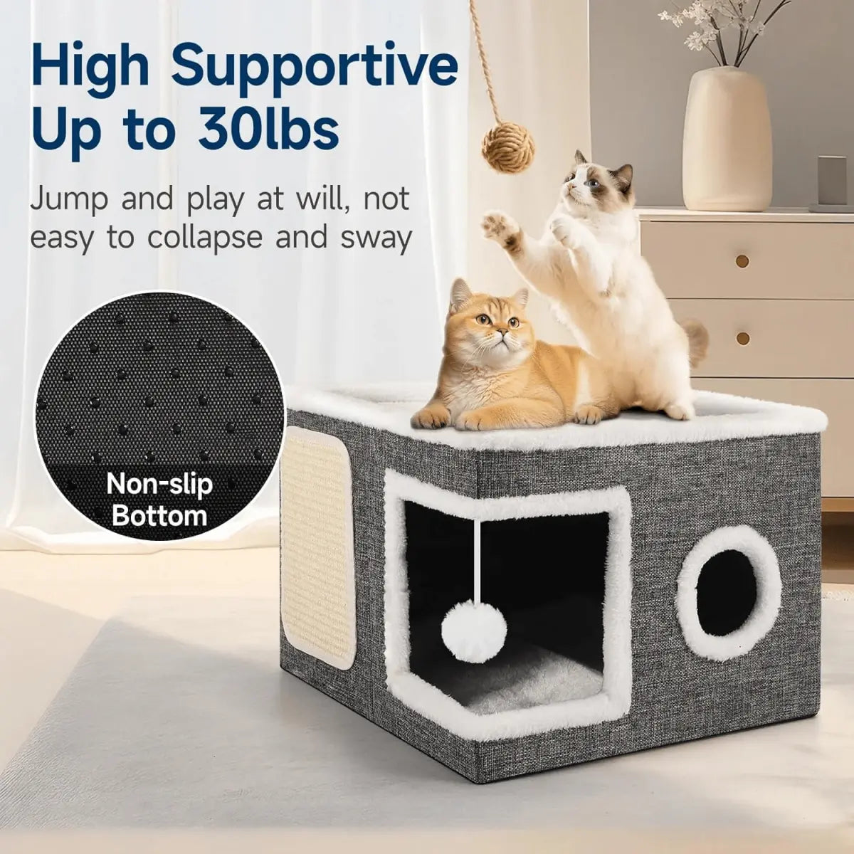 Indoor Cat Bed with Spacious Entry, Plush Hanging Toys, Round Windows, Foldable Design, Supports Up to 30 Pounds, Double-Sided Cushions, All-Season Comfort