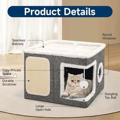 Indoor Cat Bed with Spacious Entry, Plush Hanging Toys, Round Windows, Foldable Design, Supports Up to 30 Pounds, Double-Sided Cushions, All-Season Comfort