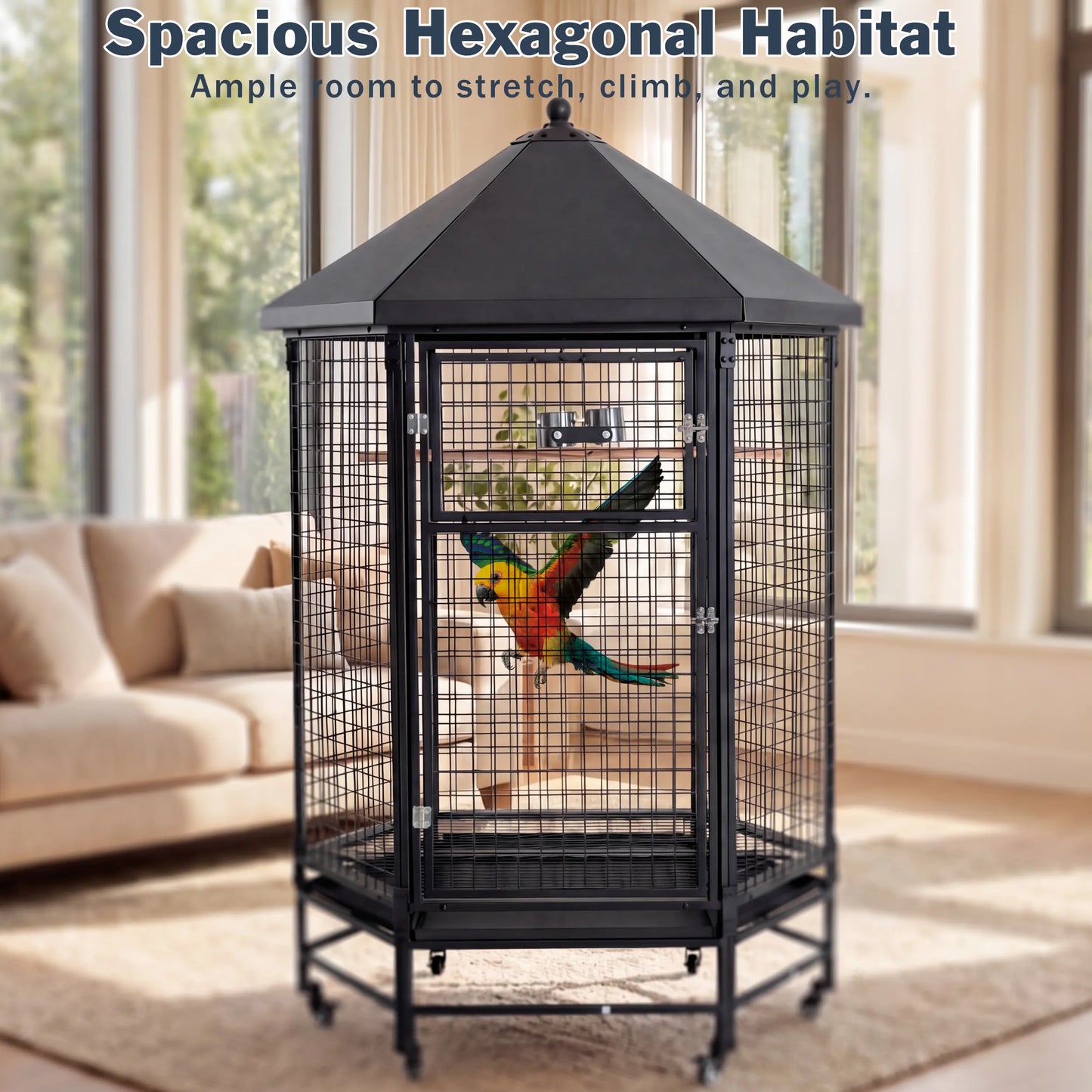 69" Extra Large Bird Cage for Parrots, Heavy Duty Metal Aviary on Wheels with Rolling Stand & Slide-Out Trays for African Greys, Cockatoos, Conures, Macaws, Indoor Outdoor