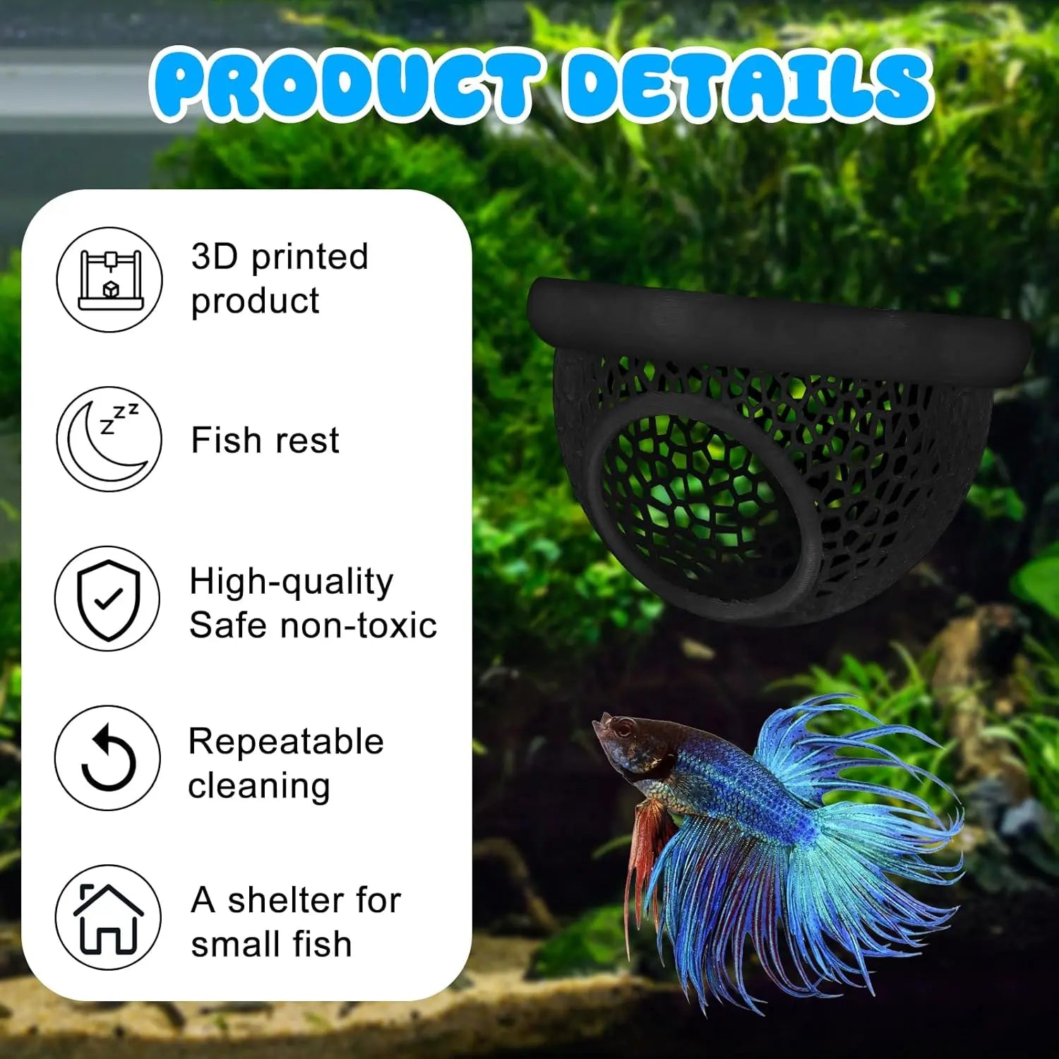Floating Betta Habitat and Shrimp Cave – 3D Printed Aquarium Decor, Multi-Functional Hammock, Feeding Ring, and Secure Resting Area for Betta Fish, Shrimp, and Small Fish (Eco-Safe PETG Material)