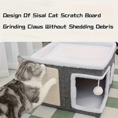 Indoor Cat Bed with Spacious Entry, Plush Hanging Toys, Round Windows, Foldable Design, Supports Up to 30 Pounds, Double-Sided Cushions, All-Season Comfort